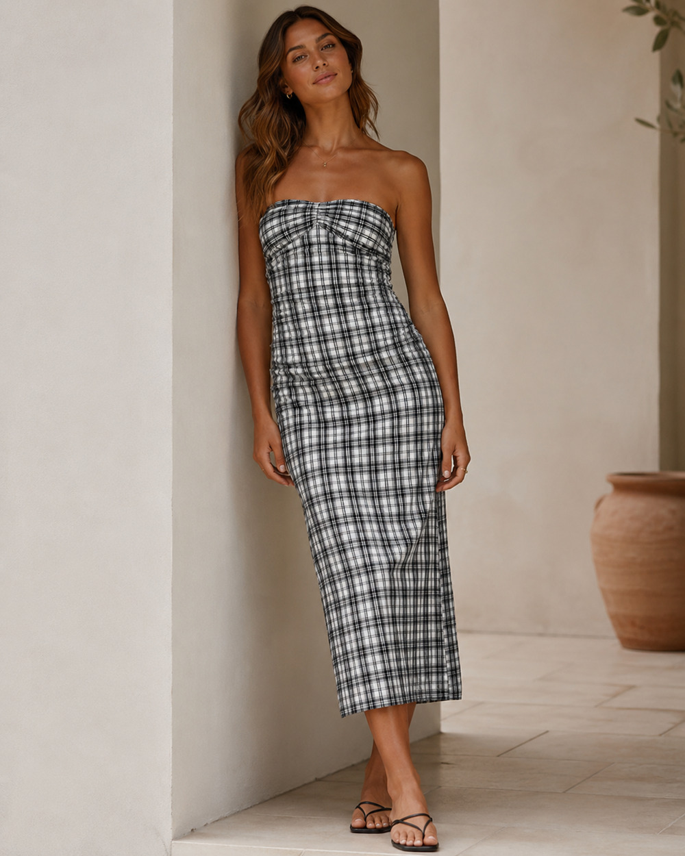 Free People Womens Brandie Plaid Midi Dress Small Ruched Tube Boho Minimal Y2K